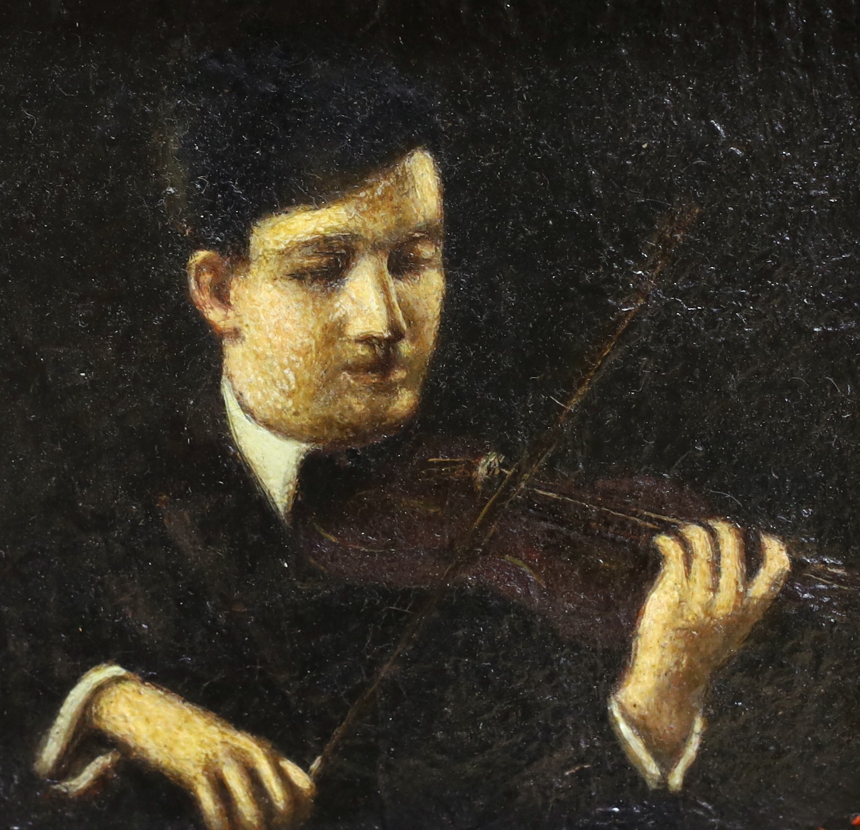 English School, oil on card, Portrait of a violinist, initialled, 12 x 12cm